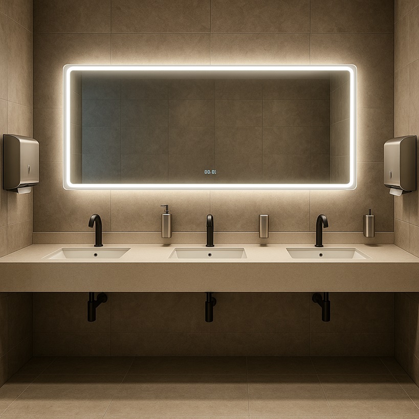 Commercial restroom with coordinated sinks, faucets, mirrors and accessories